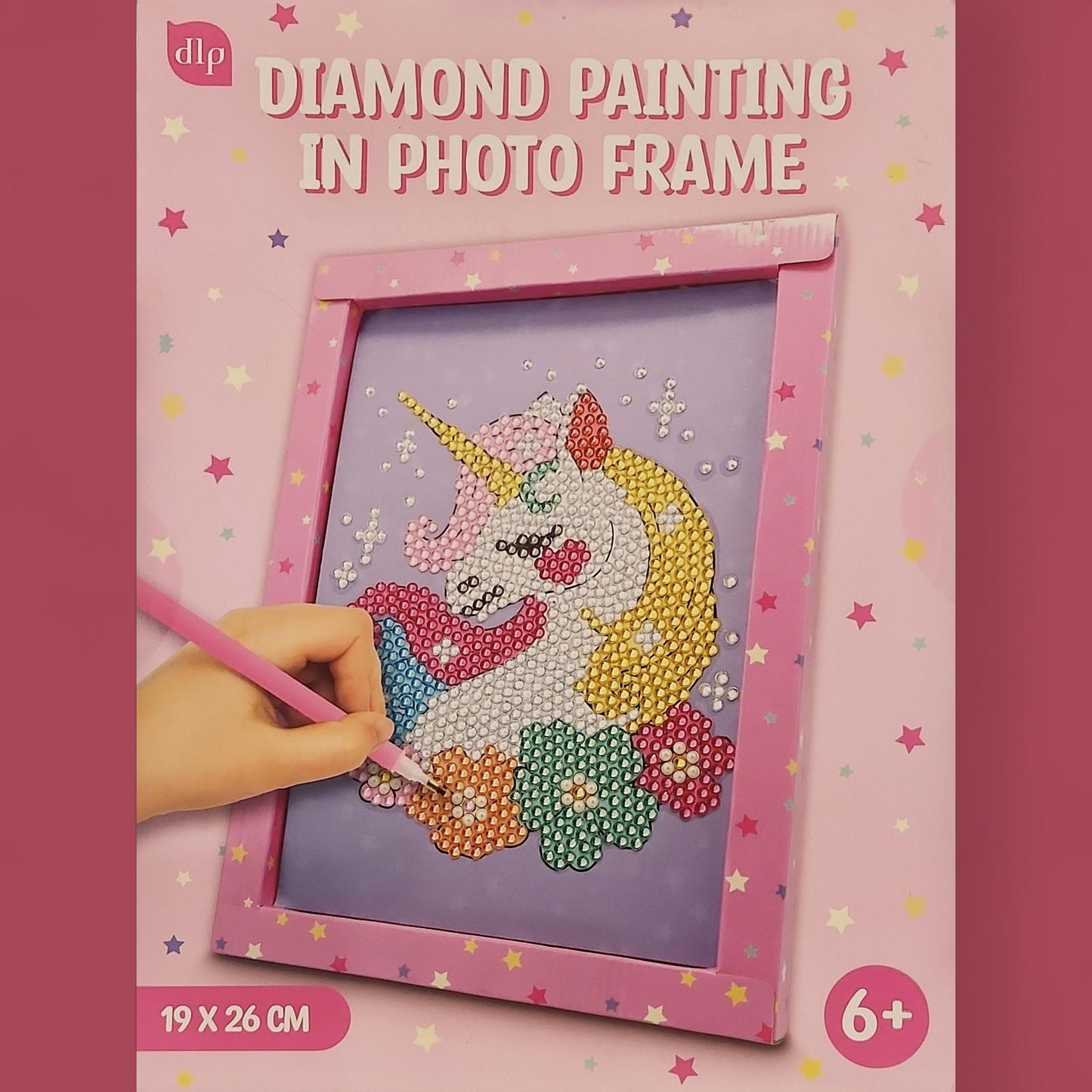 (9) Diamond-Painting in Fotorahmen Einhorn rosa Rahmen (19×26cm) teilweise